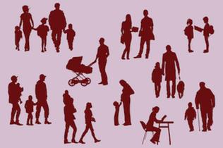 Verschiedene Personengruppen in unterschiedlichen Familien- und Arbeitssituationen. Die Menschen sind als Silhouetten dargestellt.