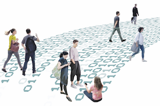Personen bewegen sich einzeln oder in Gruppen auf einem Zahlenteppich aus Nullen und Einsen. Der Teppich symbolisiert die Digitalisierung beziehungsweise die Digitale Transformation.