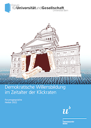 Das Bundeshaus steht auf einem digitalen Zahlenteppich aus Nullen und Einsen. Die Eingangssäulen aus zusammengerollten Zeitungen sind am zusammenbrechen, was die aktuellen Herausforderung für die Printmedien symbolisieren soll.