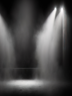 Schwarz-Weiss-Foto einer leeren Bühne mit einem Lichtkegel von drei Scheinwerfern; in den Lichtstrahlen ist feiner Nebel sichtbar.