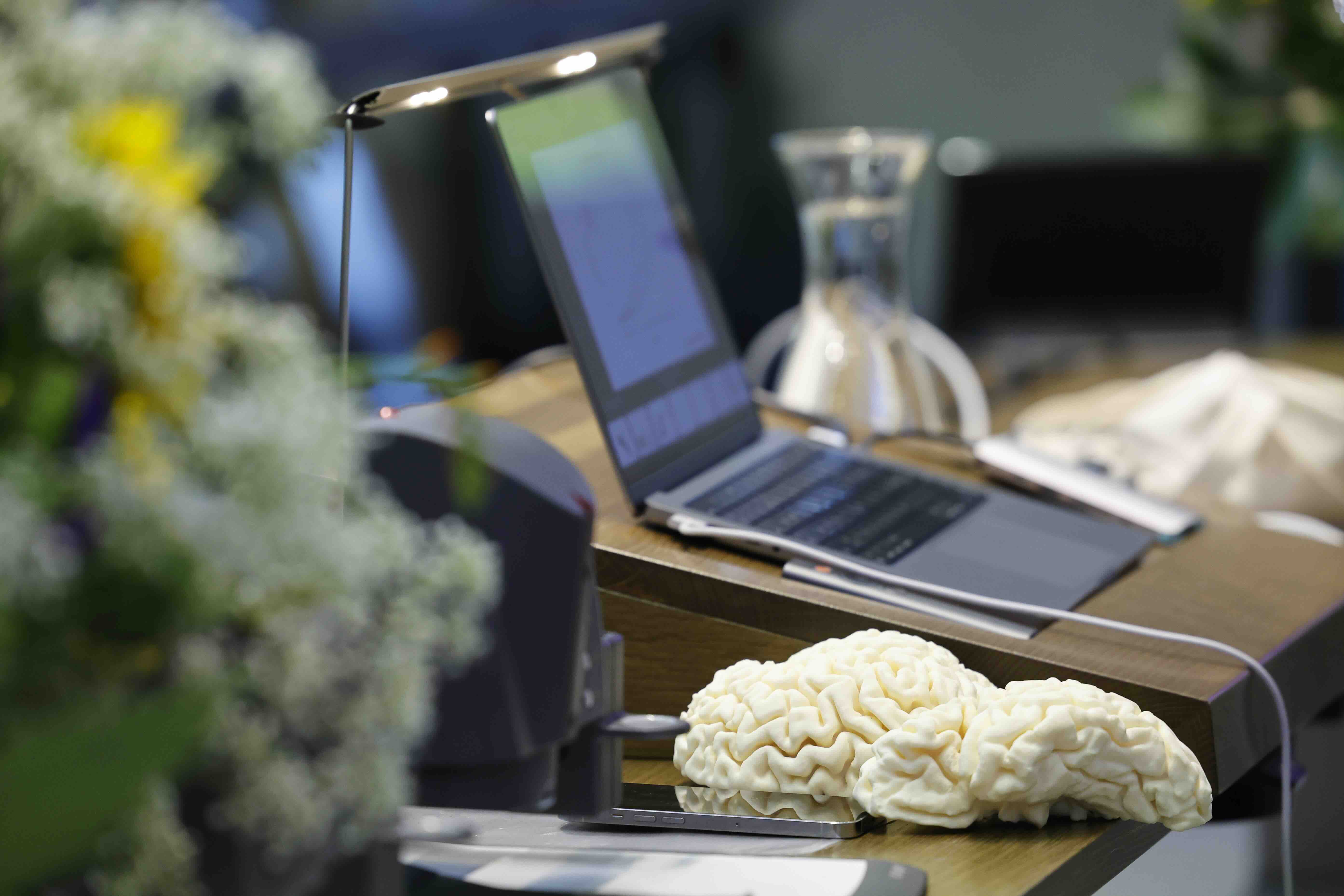 Ein aufgeklappter Laptop auf einem Rednerpult, daneben zwei Modelle von Gehirnhälften. Im Vordergrund unscharf Blumen, im Hintergrund eine Glaskaraffe.