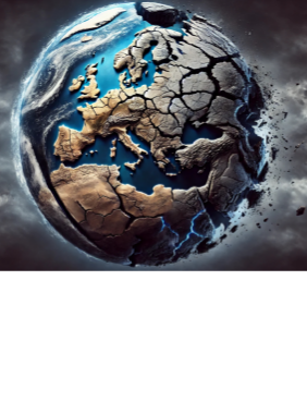 Eine künstlerisch gestaltete, dystopische Darstellung der Erde mit tiefen Rissen und bröckelnden Kontinenten, die den Eindruck eines auseinanderbrechenden Planeten vermittelt. Europa ist besonders betroffen, mit sichtbaren Brüchen und dunklen Spalten. Der Hintergrund zeigt eine bedrohliche, stürmische Atmosphäre.