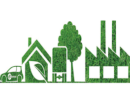 Ein Auto, Haus, Lastwagen, Baum und eine Fabrik sind als grüne Piktogramme mit Gras-Struktur dargestellt.