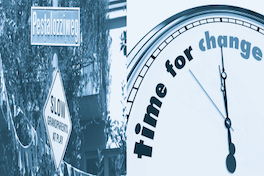 Ein Strassenschild mit der Aufschrift «Langsam, spielende Grosseltern» und eine Uhr mit der Aufschrift «Time for Change» symbolisieren den Wandel der Generationenbeziehungen.