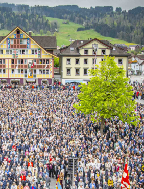 Grosse Menschenmenge bei einer traditionellen Landsgemeinde auf dem Dorfplatz von Appenzell, umgeben von historischen Gebäuden und grüner Hügellandschaft; zentral steht ein großer Baum, zahlreiche Teilnehmende versammeln sich zur öffentlichen Abstimmung im Freien.