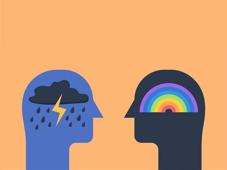llustration von zwei stilisierten Köpfen auf orangefarbenem Hintergrund. Der linke Kopf ist blau und enthält eine dunkle Regenwolke mit Blitz und Regentropfen, der rechte Kopf ist dunkel und zeigt ein buntes Regenbogen-Motiv. Die Darstellung thematisiert mentale Gesundheit.