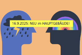 llustration von zwei stilisierten Köpfen auf orangefarbenem Hintergrund. Der linke Kopf ist blau und enthält eine dunkle Regenwolke mit Blitz und Regentropfen, der rechte Kopf ist dunkel und zeigt ein buntes Regenbogen-Motiv. Die Darstellung thematisiert mentale Gesundheit.