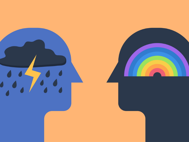 llustration von zwei stilisierten Köpfen auf orangefarbenem Hintergrund. Der linke Kopf ist blau und enthält eine dunkle Regenwolke mit Blitz und Regentropfen, der rechte Kopf ist dunkel und zeigt ein buntes Regenbogen-Motiv. Die Darstellung thematisiert mentale Gesundheit.