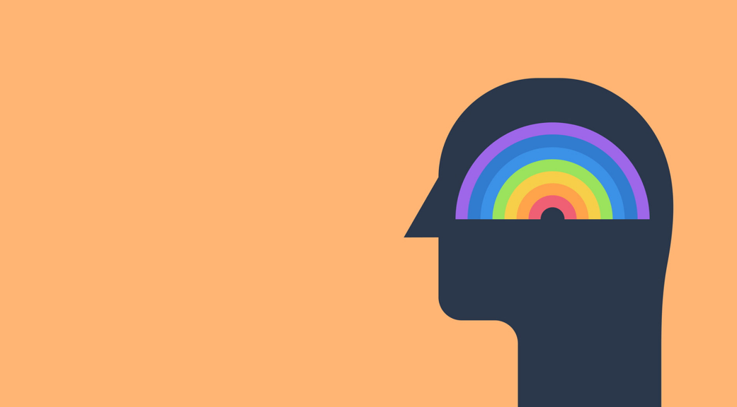 Stilisierter dunkler Kopf mit buntem Regenbogen im Inneren vor orangefarbenem Hintergrund – Symbol für mentale Gesundheit.