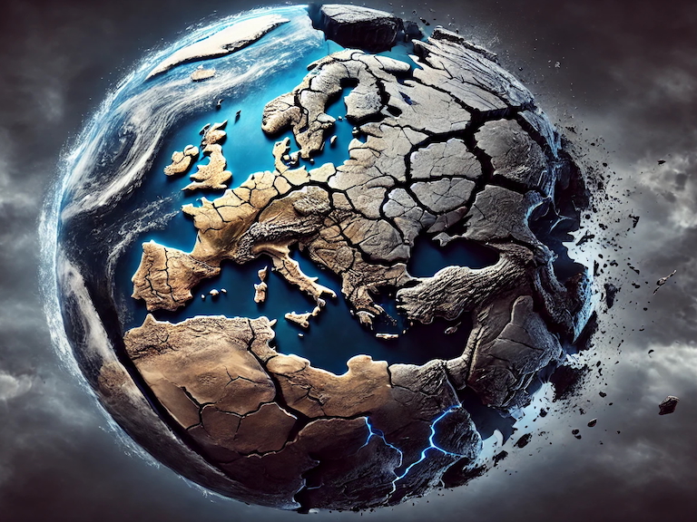 Darstellung eines Globus mit Fokus auf Europa, Afrika und Teilen Asiens. Die Erdoberfläche ist rissig und aufgebrochen, als Symbol für Zerstörung, Klimakrise oder geopolitische Spannungen. Blitze und herausbrechende Gesteinsbrocken unterstreichen den Eindruck einer zerbrechenden Welt