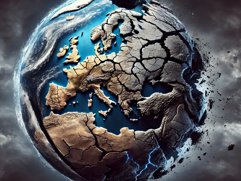 Darstellung eines Globus mit Fokus auf Europa, Afrika und Teilen Asiens. Die Erdoberfläche ist rissig und aufgebrochen, als Symbol für Zerstörung, Klimakrise oder geopolitische Spannungen. Blitze und herausbrechende Gesteinsbrocken unterstreichen den Eindruck einer zerbrechenden Welt