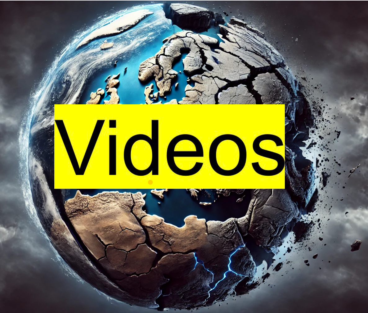 Darstellung eines Globus mit Fokus auf Europa, Afrika und Teilen Asiens. Die Erdoberfläche ist rissig und aufgebrochen, als Symbol für Zerstörung, Klimakrise oder geopolitische Spannungen. Blitze und herausbrechende Gesteinsbrocken unterstreichen den Eindruck einer zerbrechenden Welt